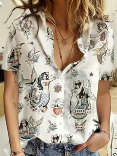 Nome do produto Top Branca Estilo Retrô Sereia para Mulheres, Top de Manga Curta com Botões Estilo Tatuagem, Parte Superior Casual de Verão Folgada