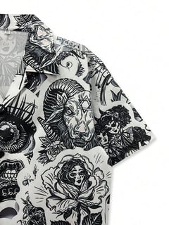 Nome do produto Camisa de Praia Floral Masculina, Grafite Vintage Minimalista Preta Casual Verão XS-XXL