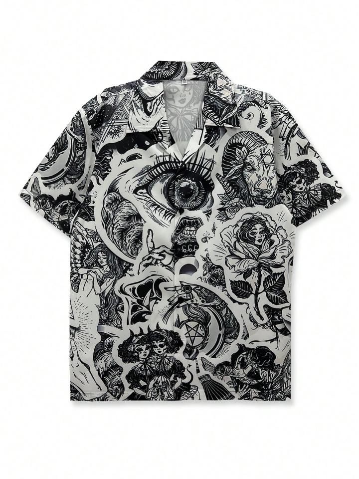Nome do produto: Camisa de Praia Floral Masculina, Grafite Vintage Minimalista Preta Casual Verão XS-XXL