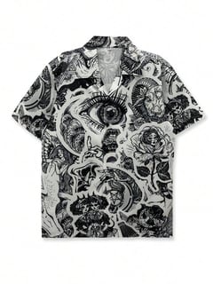 Nome do produto Camisa de Praia Floral Masculina, Grafite Vintage Minimalista Preta Casual Verão XS-XXL