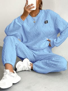 Conjunto de 2 peças com Calça Azul e Moletom de Manga Longa, Moda Simples Feminina