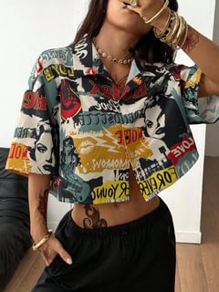 Nome do produto SHEIN Coolane Camisa Cropped Gráfica Solta Xadrez Vintage Preppy Hip-Hop Streetwear Verão Todas as Estações para Mulheres