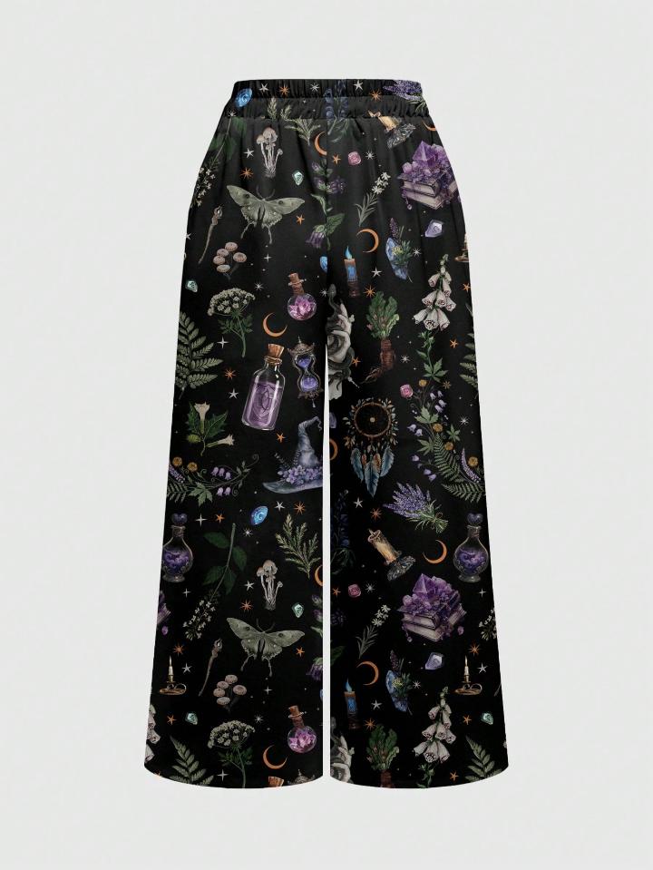 Nome do produto: Goth Calça Pantalona Feminina Mágica da Academia da Floresta Escura, Sol Escuro, Lua e Estrelas Misteriosas