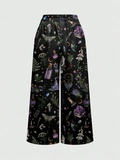 Nome do produto Goth Calça Pantalona Feminina Mágica da Academia da Floresta Escura, Sol Escuro, Lua e Estrelas Misteriosas