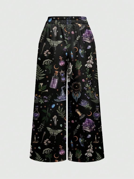 Goth Calça Pantalona Feminina Mágica da Academia da Floresta Escura, Sol Escuro, Lua e Estrelas Misteriosas