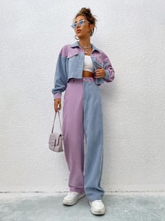 Nome do produto SHEIN MOOSTA Dois tons Ombro caído Jaqueta cropped & Cintura alta Calças