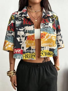 Nome do produto SHEIN Coolane Camisa Cropped Gráfica Solta Xadrez Vintage Preppy Hip-Hop Streetwear Verão Todas as Estações para Mulheres