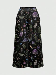 Nome do produto Goth Calça Pantalona Feminina Mágica da Academia da Floresta Escura, Sol Escuro, Lua e Estrelas Misteriosas