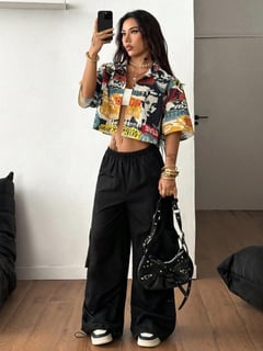 Nome do produto SHEIN Coolane Camisa Cropped Gráfica Solta Xadrez Vintage Preppy Hip-Hop Streetwear Verão Todas as Estações para Mulheres