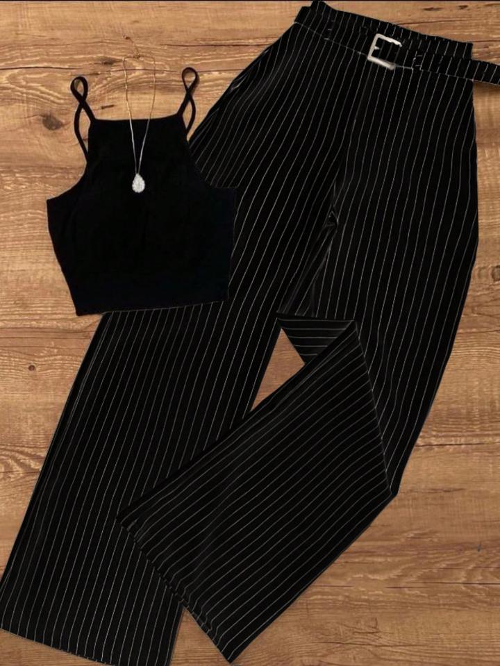 Nome do produto: Conjunto de Colete e Calça Casual com Listras e Cinto Feminino, Adequado para Escritório e Jardim, Preto Primavera/Verão