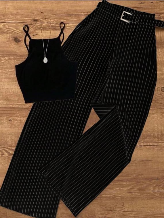 Conjunto de Colete e Calça Casual com Listras e Cinto Feminino, Adequado para Escritório e Jardim, Preto Primavera/Verão