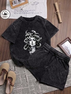 Conjunto de Camiseta e Shorts de Estilo Punk Preto Slim Fit de Manga Curta e Gola Careca, Lavado, Estampa Personalizada 