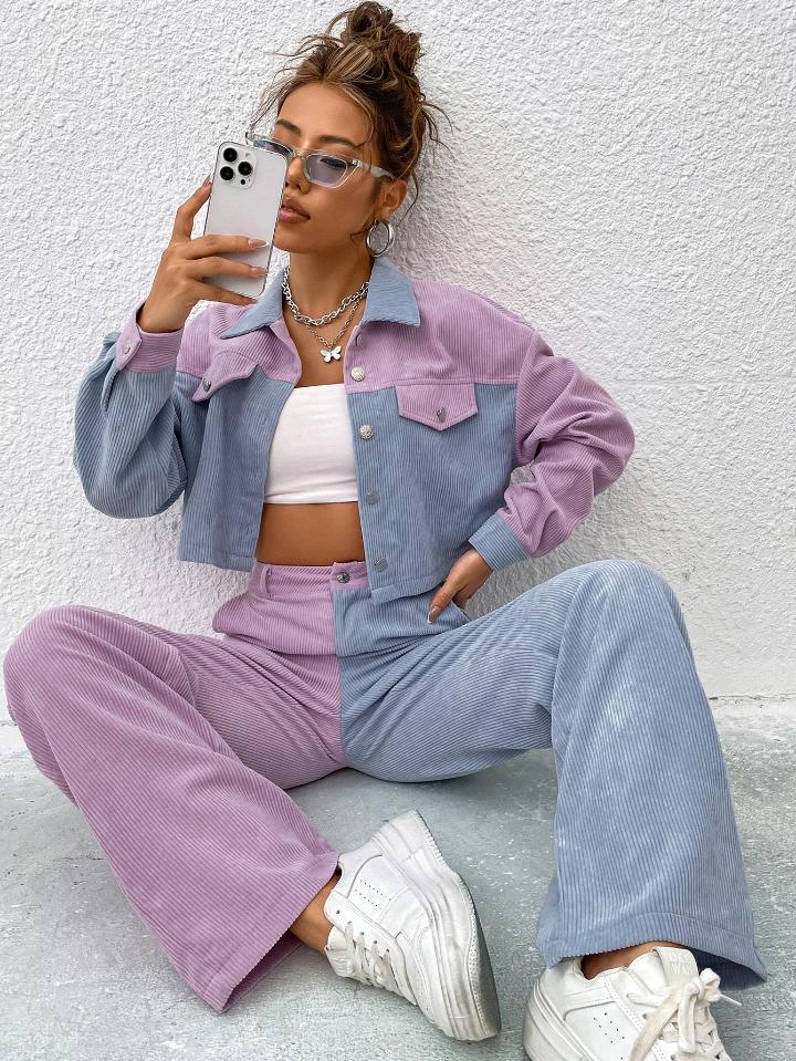 Nome do produto: SHEIN MOOSTA Dois tons Ombro caído Jaqueta cropped & Cintura alta Calças