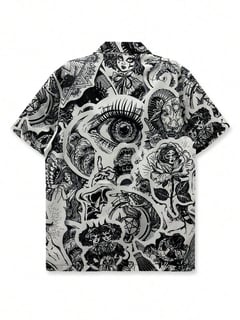 Nome do produto Camisa de Praia Floral Masculina, Grafite Vintage Minimalista Preta Casual Verão XS-XXL
