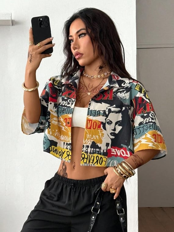 SHEIN Coolane Camisa Cropped Gráfica Solta Xadrez Vintage Preppy Hip-Hop Streetwear Verão Todas as Estações para Mulheres