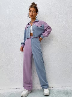 Nome do produto SHEIN MOOSTA Dois tons Ombro caído Jaqueta cropped & Cintura alta Calças
