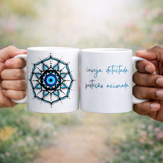 Caneca Mandala Olho Grego – Círculo de Harmonia – Inveja detectada, proteção acionada