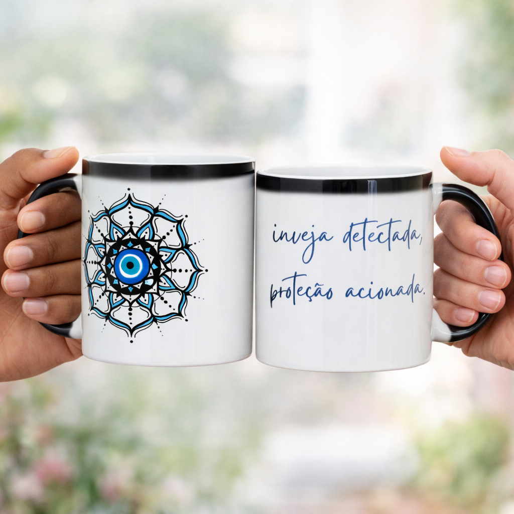 Caneca Mágica Mandala Olho Grego – Círculo de Harmonia – Inveja detectada, proteção acionada