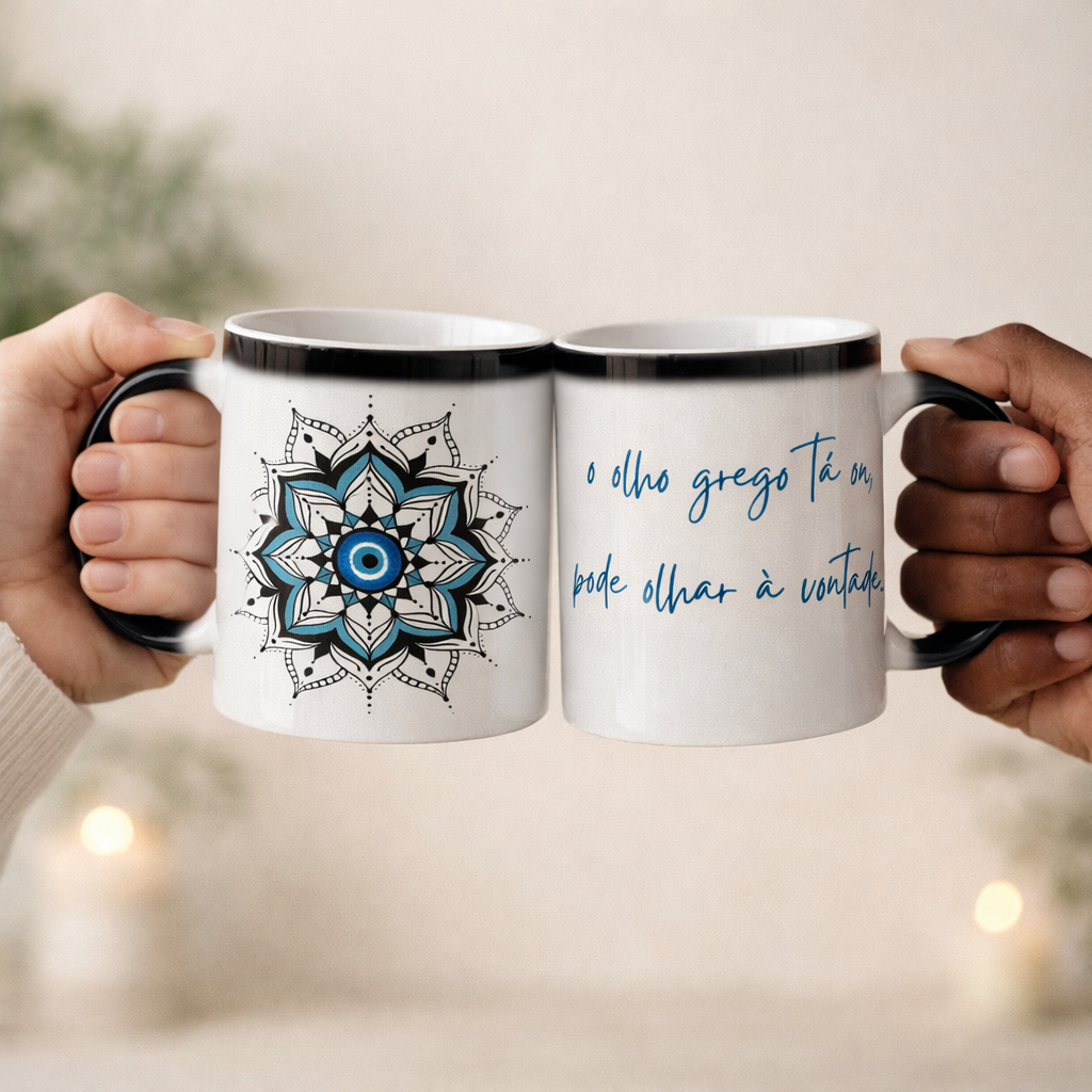 Nome do produto: Caneca Mágica Mandala Olho Grego – Guardião Azul – O olho grego tá on, pode olhar à vontade