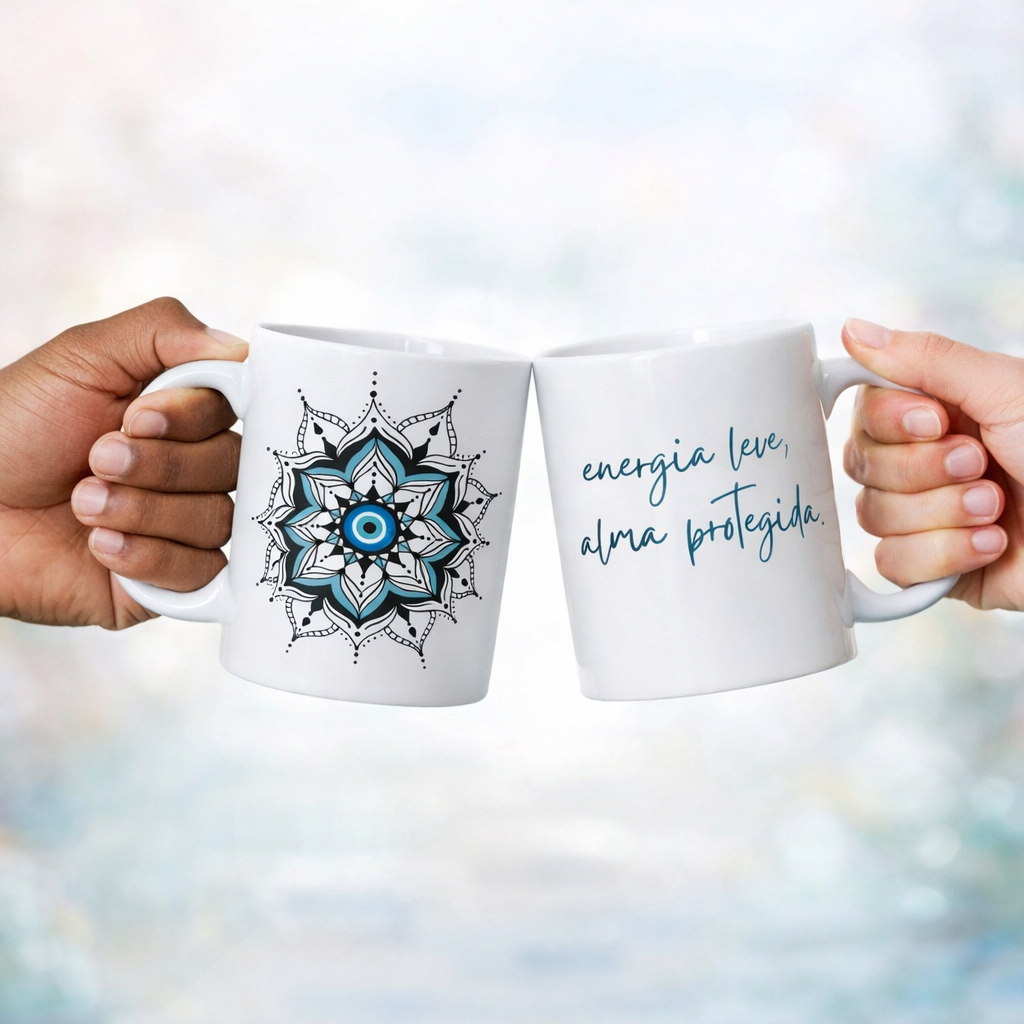Nome do produto: Caneca Mandala Olho Grego – Guardião Azul – Energia leve, alma protegida