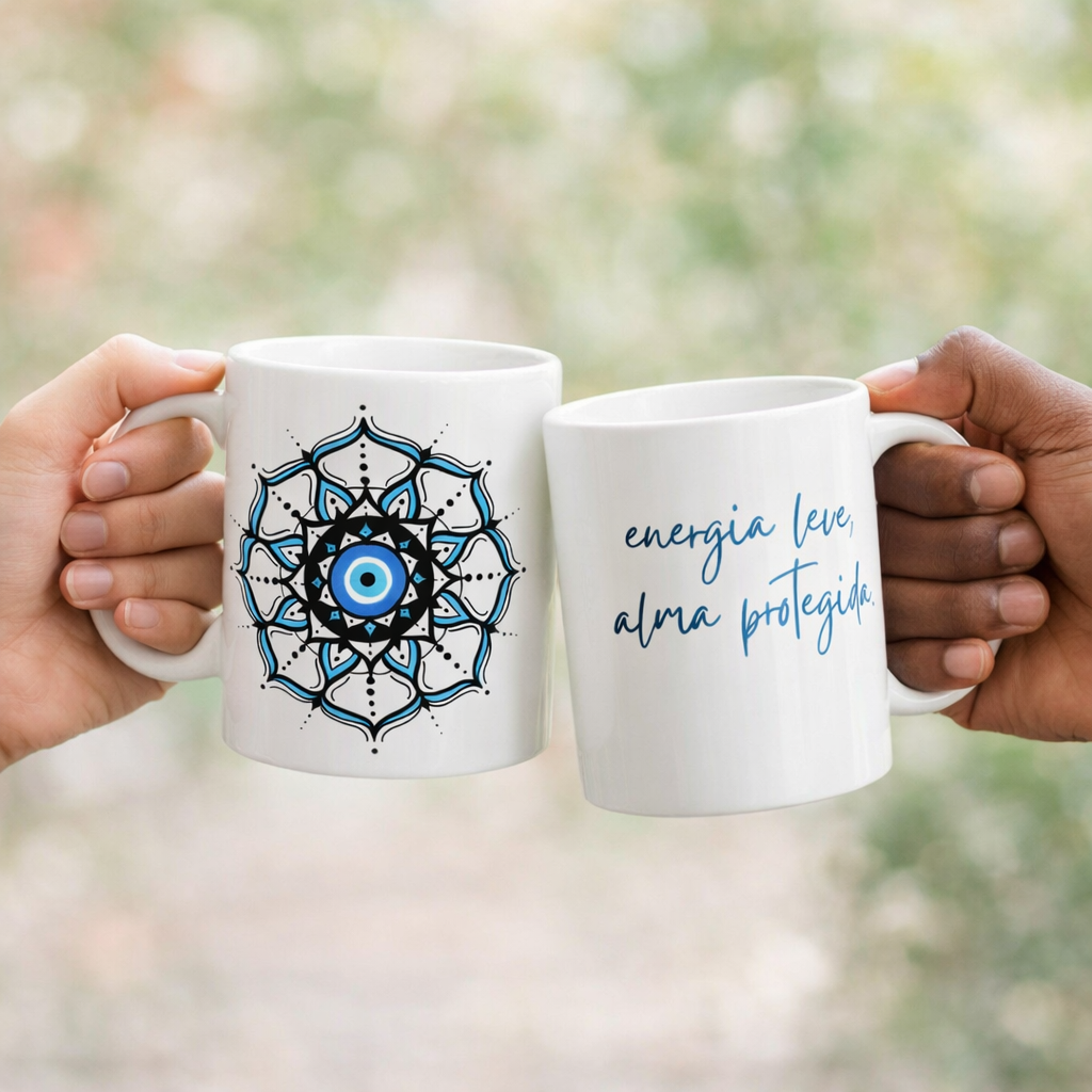 Nome do produto: Caneca Mandala Olho Grego – Círculo de Harmonia – Energia leve, alma protegida
