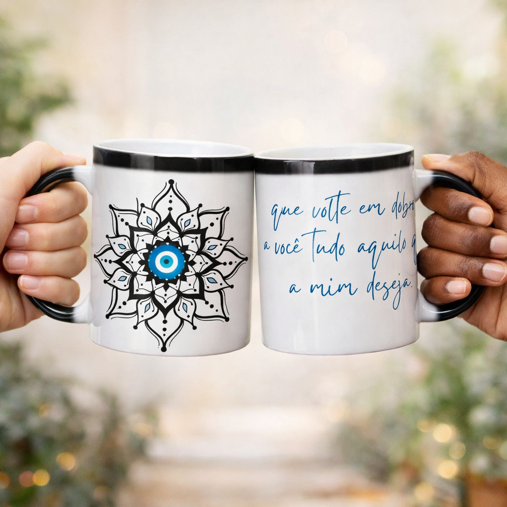 Nome do produto: Caneca Mágica Mandala Olho Grego – Escudo da Intuição – Que volte em dobro a você tudo que a mim deseja