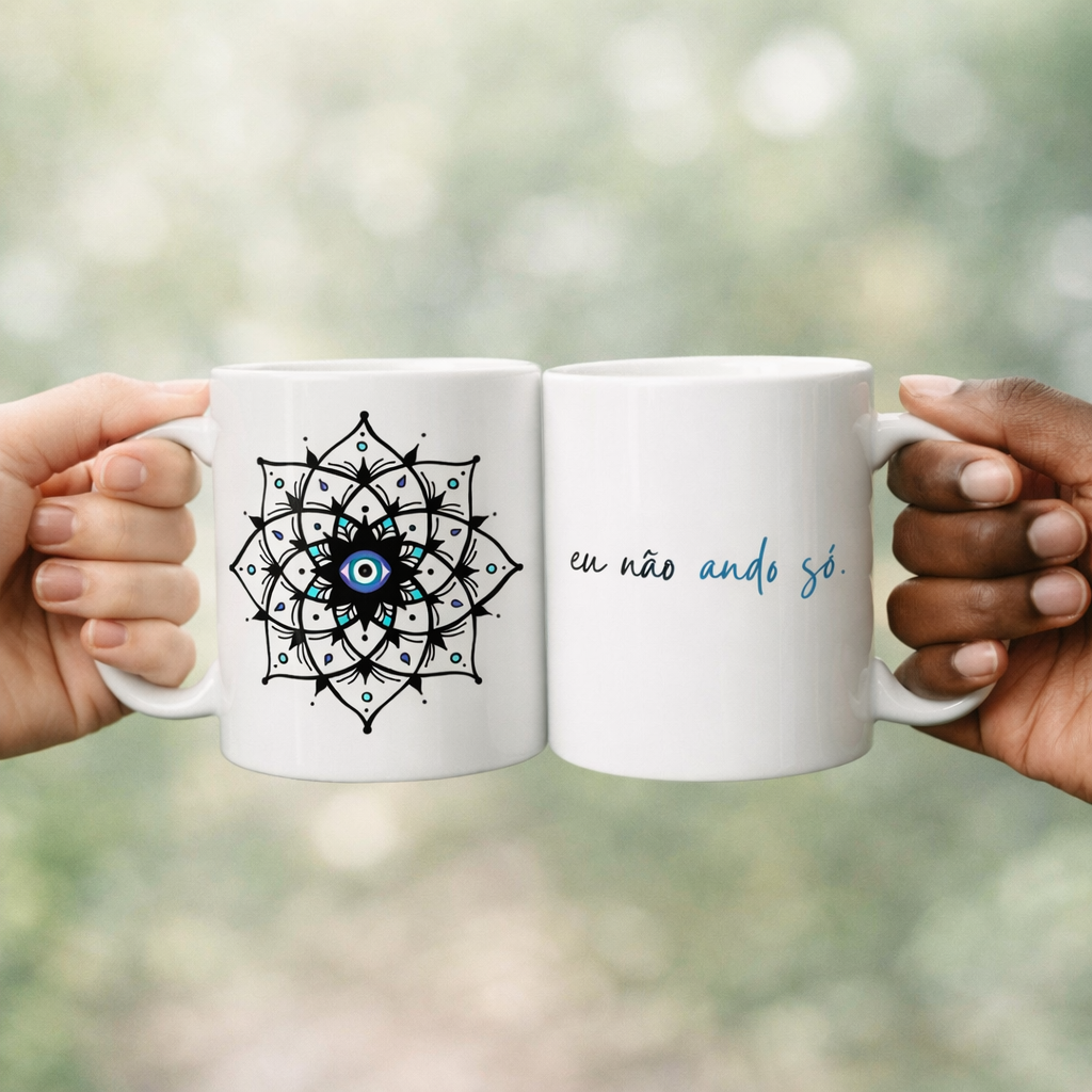 Nome do produto: Caneca Mandala Olho Grego – Xô, Inveja! – Eu não ando só