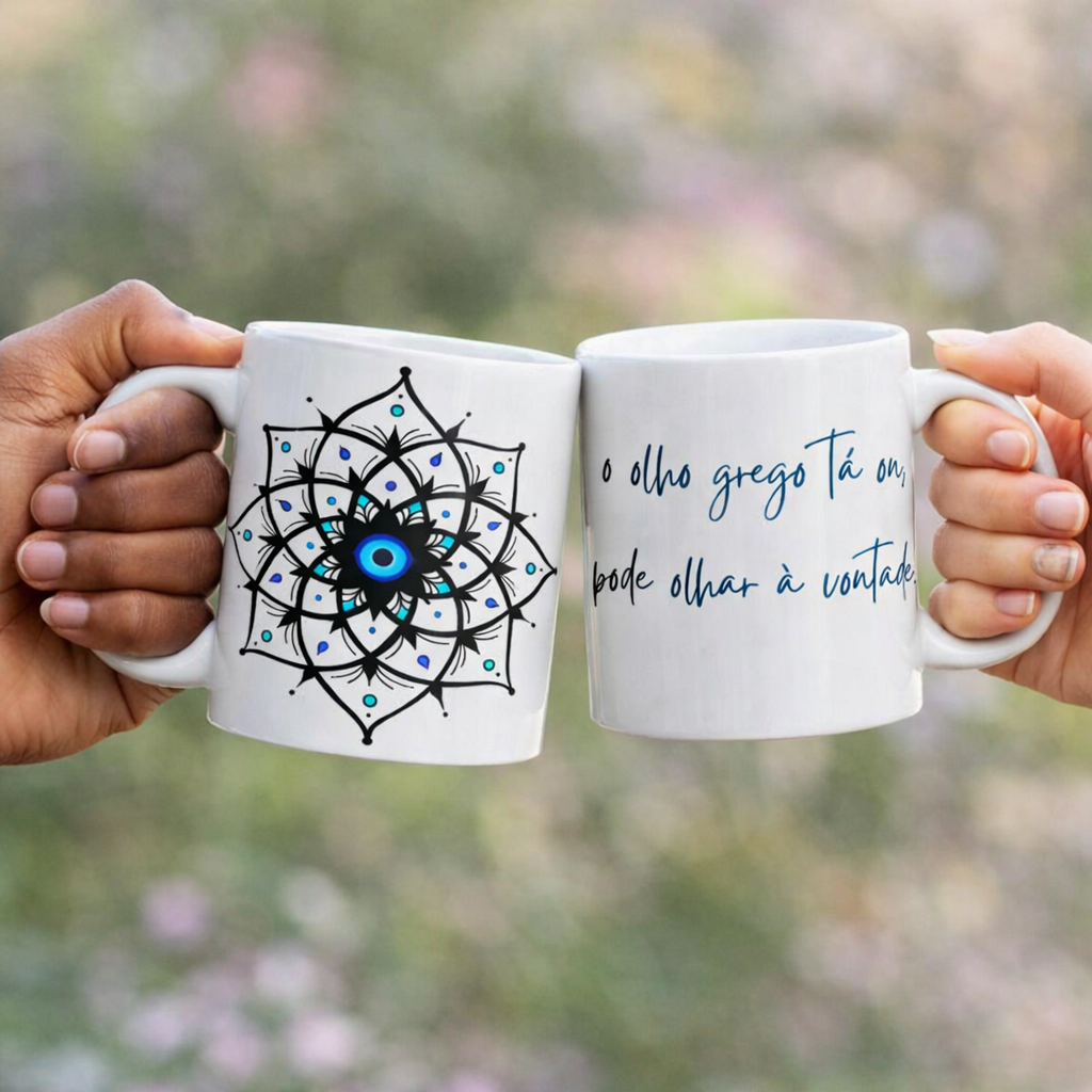 Nome do produto: Caneca Mandala Olho Grego – Xô, Inveja! – O olho grego tá on, pode olhar à vontade