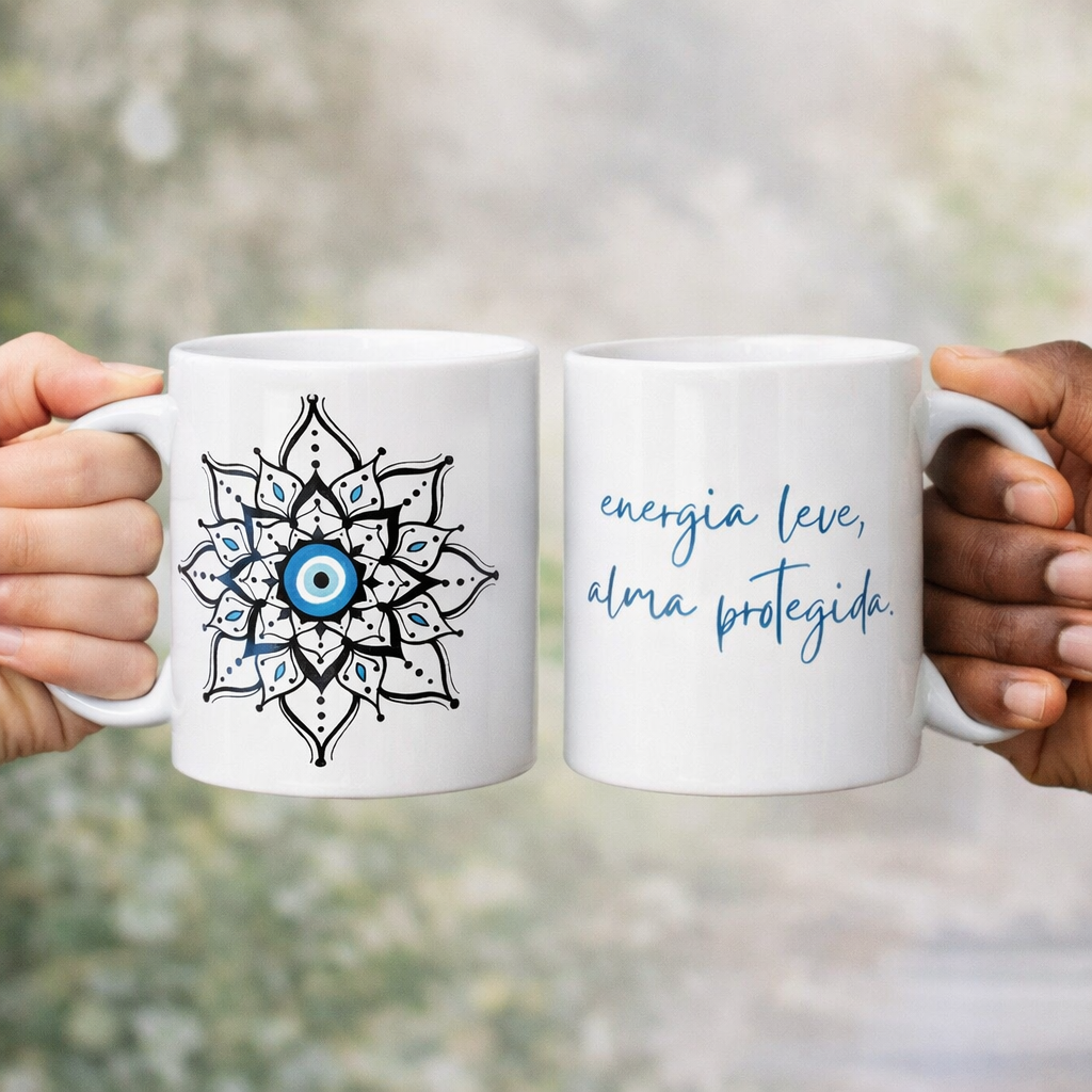 Nome do produto: Caneca Mandala Olho Grego – Escudo da Intuição – Energia leve, alma protegida