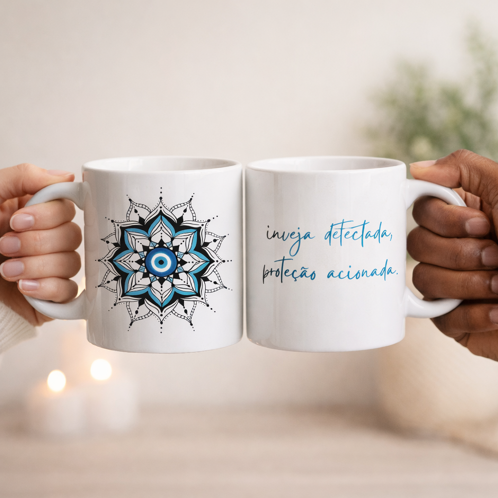 Nome do produto: Caneca Mandala Olho Grego – Guardião Azul – Inveja detectada, proteção acionada