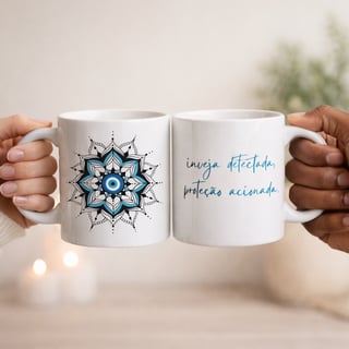Nome do produto Caneca Mandala Olho Grego – Guardião Azul – Inveja detectada, proteção acionada