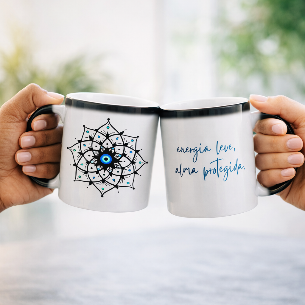 Nome do produto: Caneca Mágica Mandala Olho Grego – Xô, Inveja! – Energia leve, alma protegida