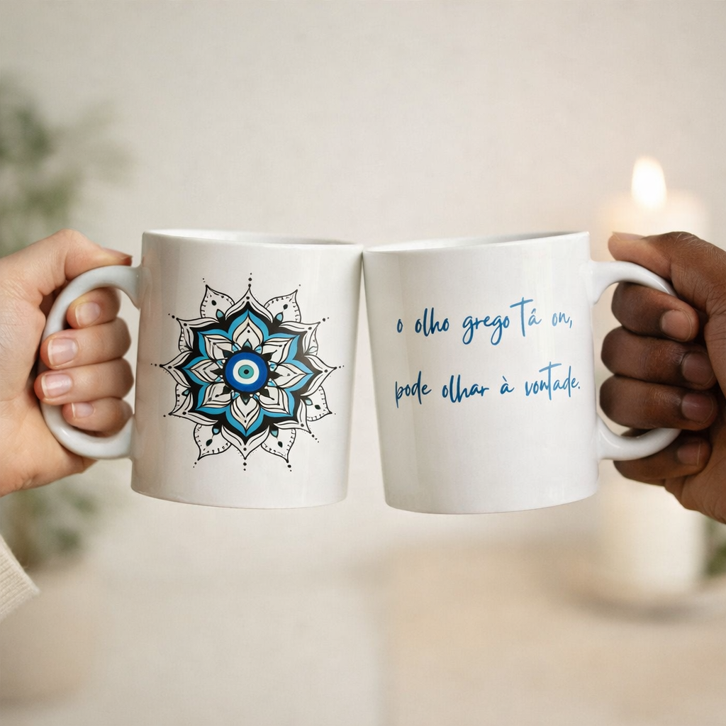 Nome do produto: Caneca Mandala Olho Grego – Guardião Azul – O olho grego tá on, pode olhar à vontade