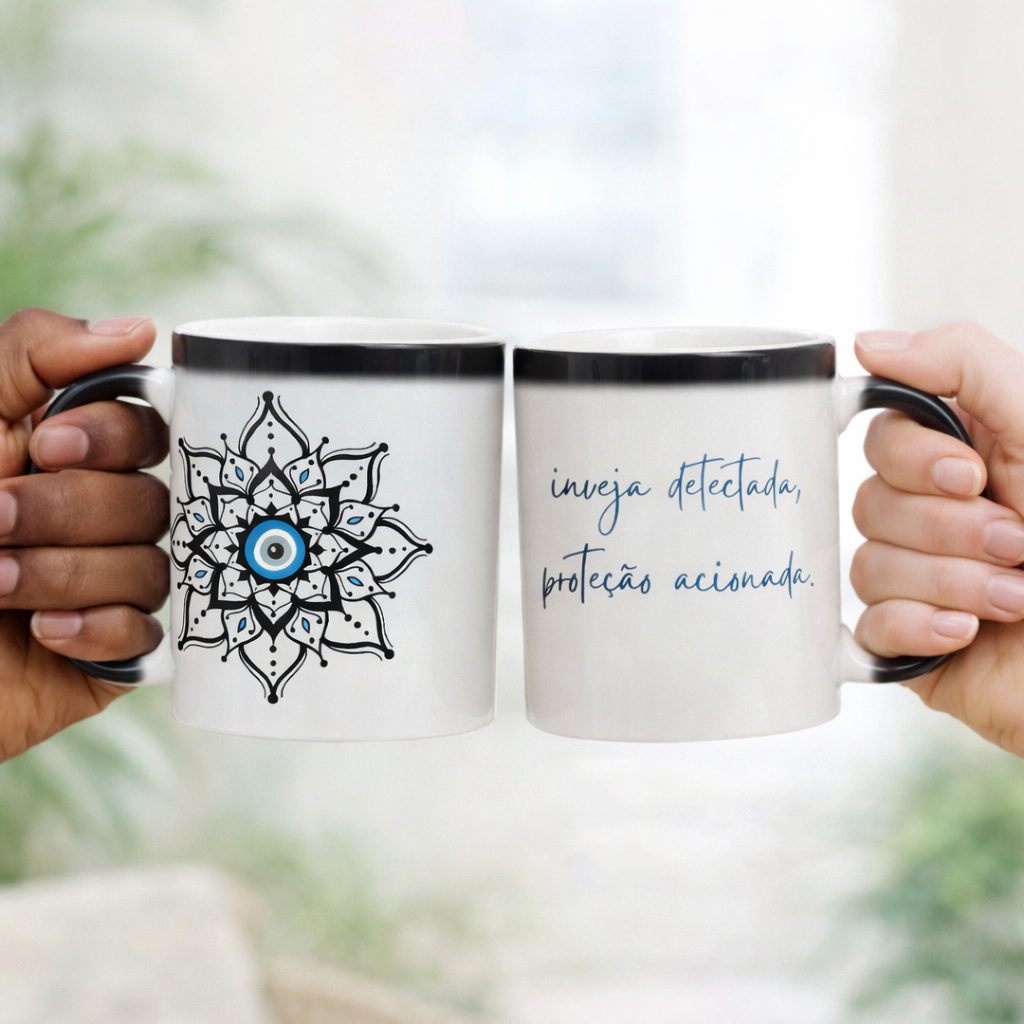 Nome do produto: Caneca Mágica Mandala Olho Grego – Escudo da Intuição – Inveja detectada, proteção acionada
