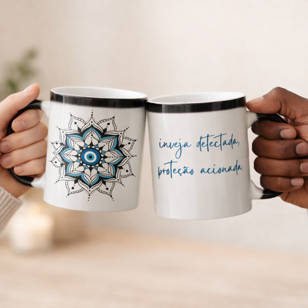 Nome do produto: Caneca Mágica Mandala Olho Grego – Guardião Azul – Inveja detectada, proteção acionada