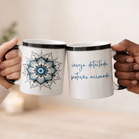 Caneca Mágica Mandala Olho Grego – Guardião Azul – Inveja detectada, proteção acionada