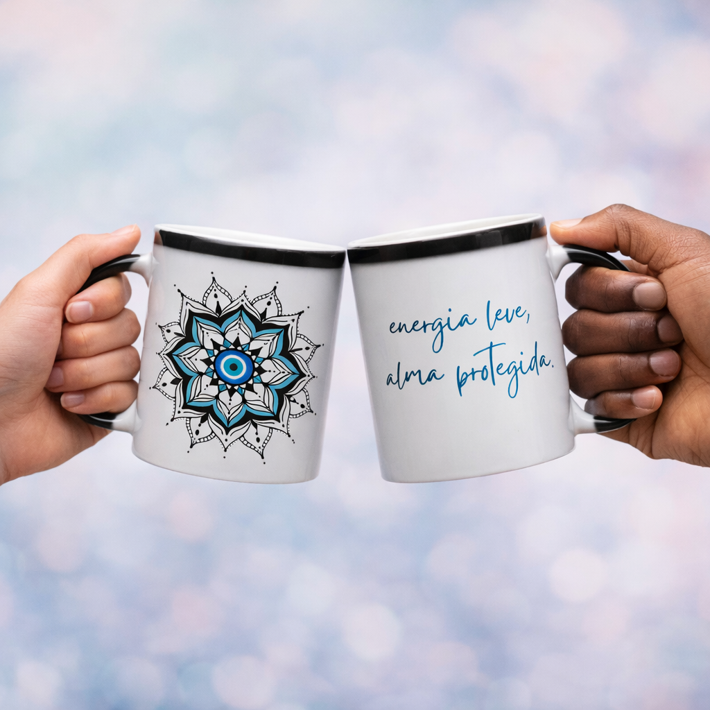 Nome do produto: Caneca Mágica Mandala Olho Grego – Guardião Azul – Energia leve, alma protegida