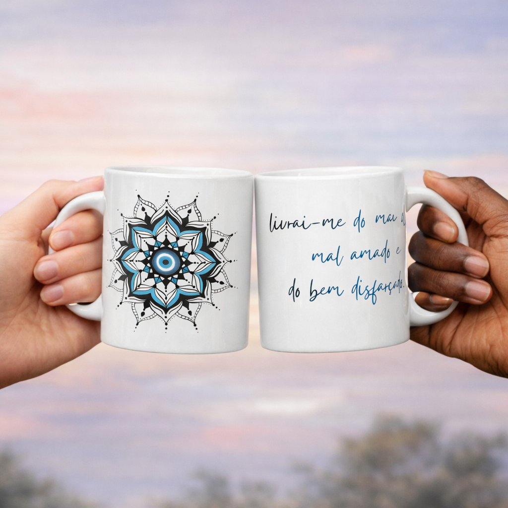 Nome do produto: Caneca Mandala Olho Grego – Guardião Azul – Livrai-me do mau olhado, mal amado e do bem disfarçado
