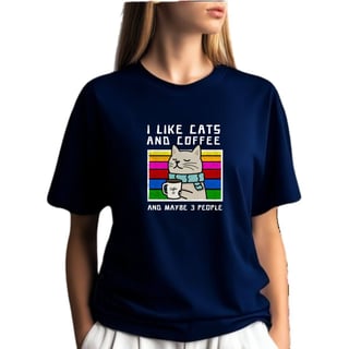 Camiseta Azul Marinho Gato Coffee - I Like Cats 3 People