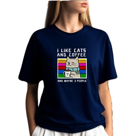 Camiseta Azul Marinho Gato Coffee - I Like Cats 3 People