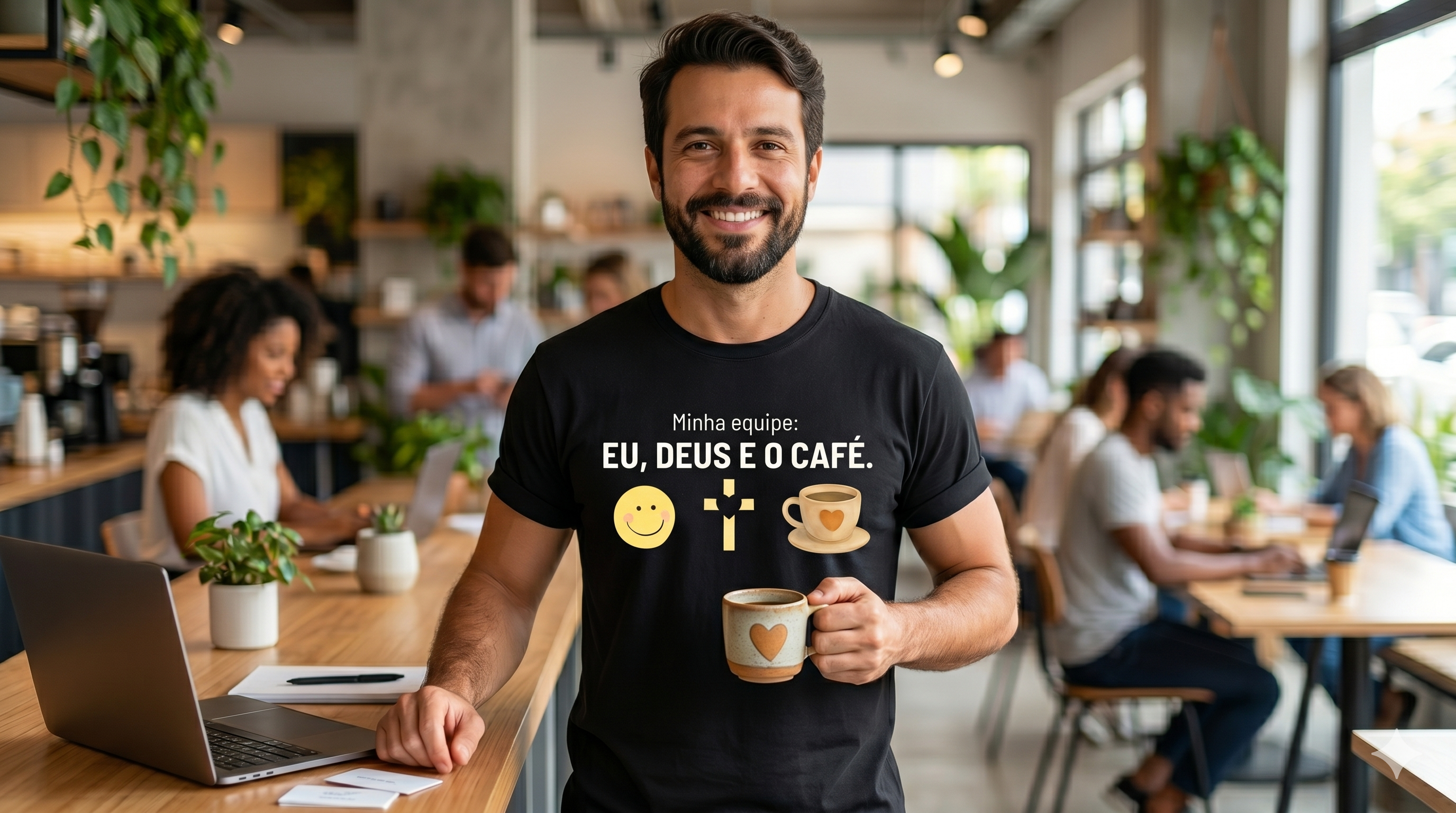 T-Shirt Quality - Eu, Deus e o Café