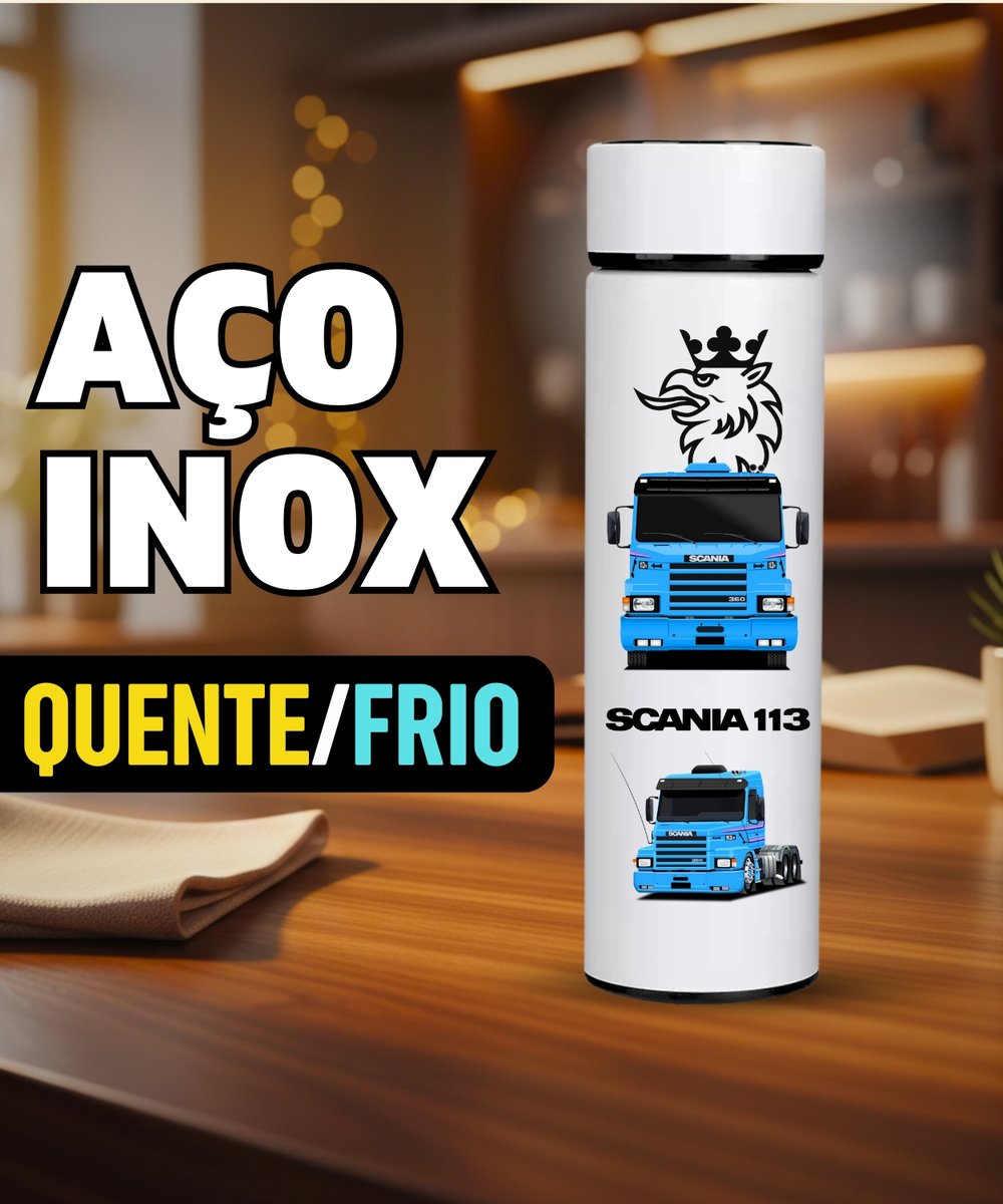 Nome do produto: GARRAFA TÉRMICA CAMINHÃO SCANIA 113H AZUL