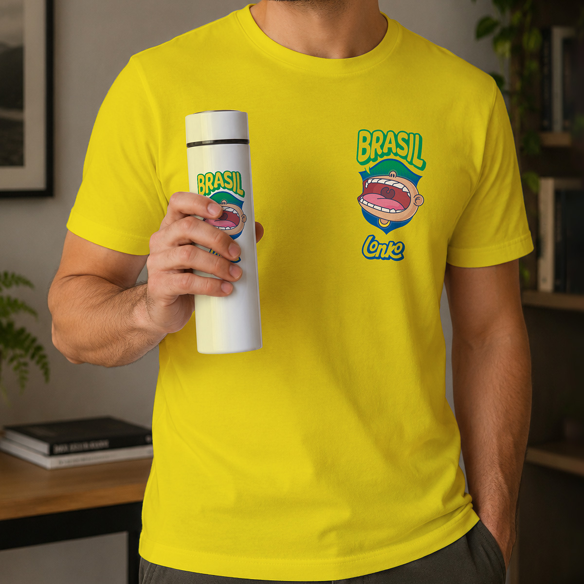 Kit Camiseta Brasil Torcedor Amarela e Garrafa Térmica