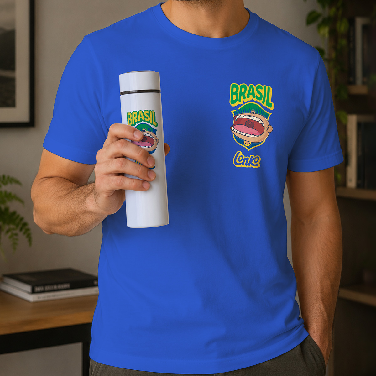 Kit Camiseta Brasil Torcedor Azul e Garrafa Térmica