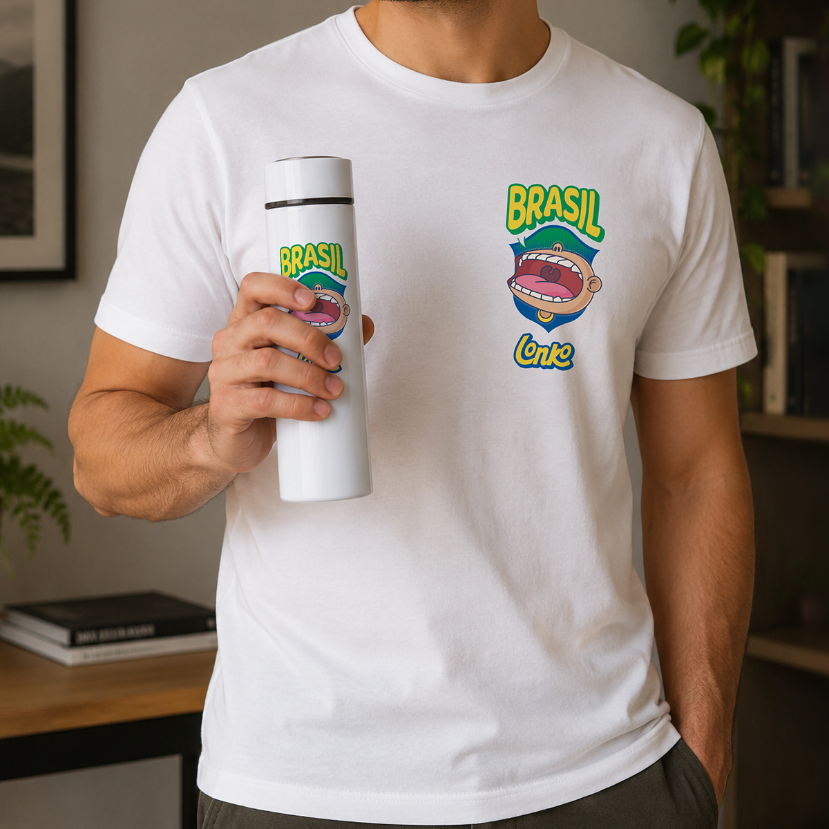 Kit Camiseta Brasil Torcedor Branca e Garrafa Térmica