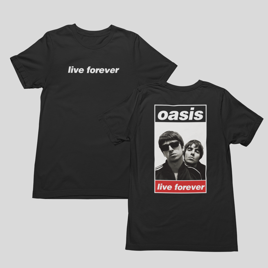 T-Shirt Quality Camiseta Frente e Trás Oasis - Live Forever